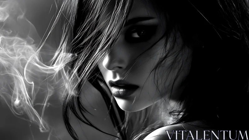 Moody female portrait glows through drifting monochrome smoke.