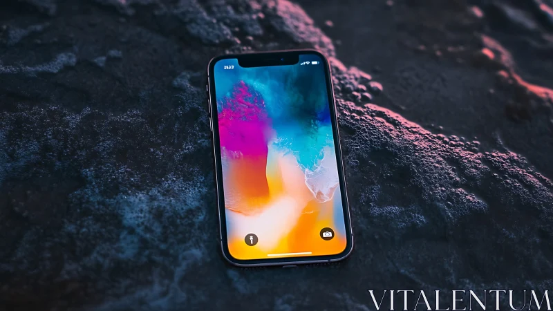 Smartphone displaying abstract liquid gradient wallpaper on rocky terrain