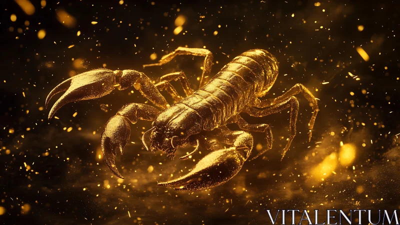 Golden scorpion rendered in glowing cinematic 3D dust field.