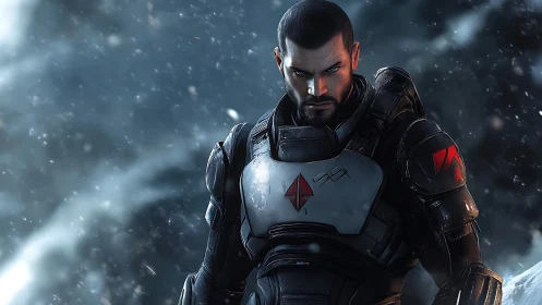 Armored soldier stands in snowy battlefield with focused glare