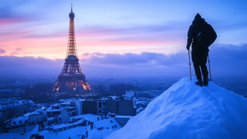 Alpinist silhouette surveying snowbound Paris skyline at dusk.