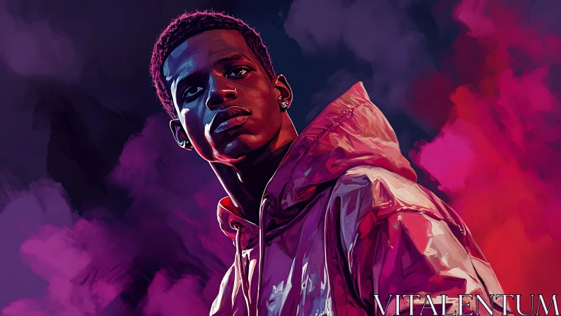 Vivid digital portrait of hooded youth under magenta skies.