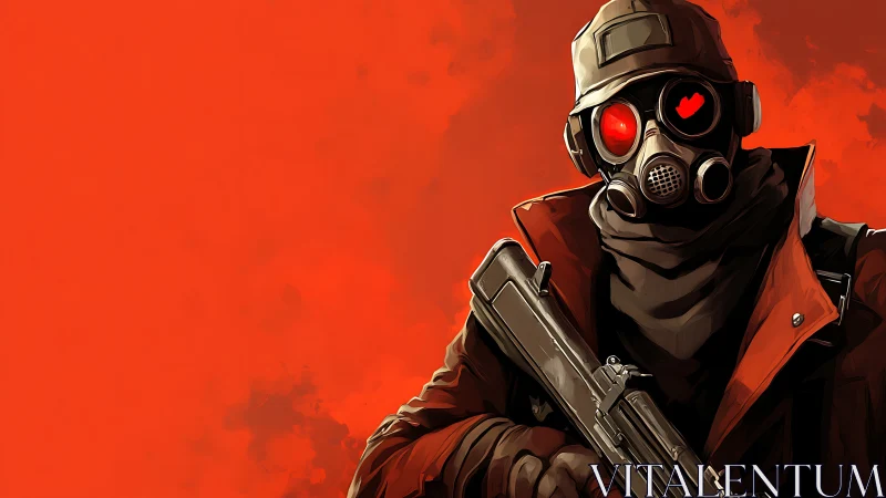 Post-apocalyptic soldier stands against blazing red void.