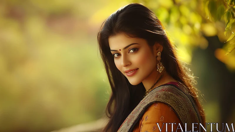 Portrait of woman in traditional attire outdoors at dusk.