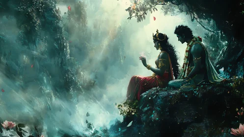 Two seated figures occupy a mist-filled forest ledge