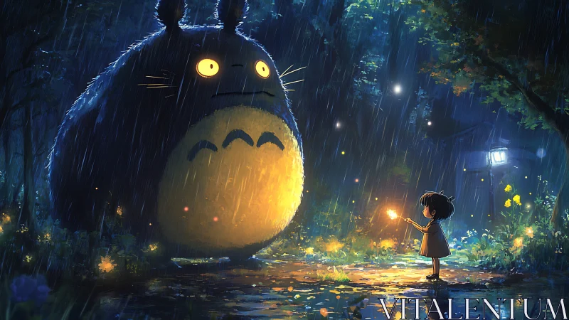 Child holds glowing light before giant forest creature