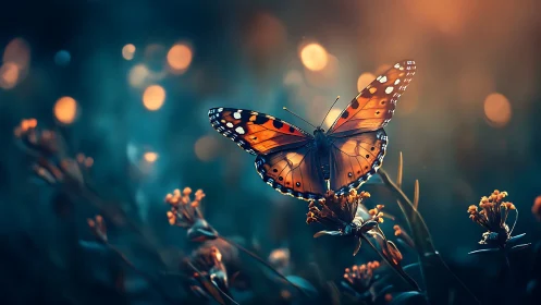 Digital painting of monarch butterfly in cinematic bokeh field.