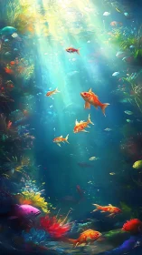 Tropical reef corridor with golden fish in volumetric sunbeams