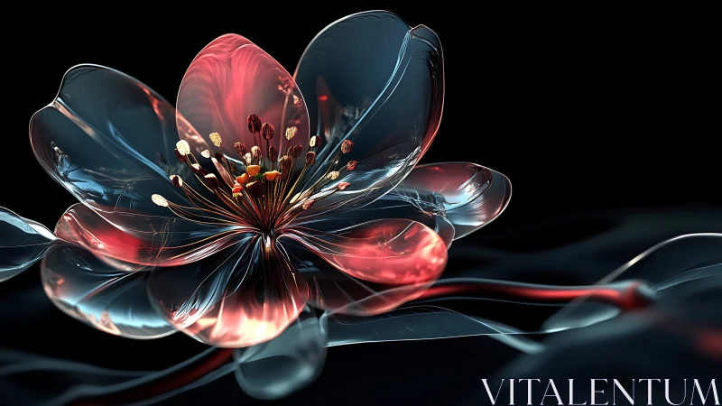 Luminous glass blossom under dark abstract background.
