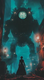 Silhouetted figure facing massive mechanized walker at night.