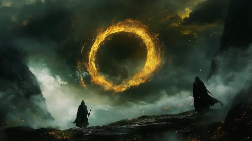 Cloaked wanderers beneath a blazing celestial ember ring.