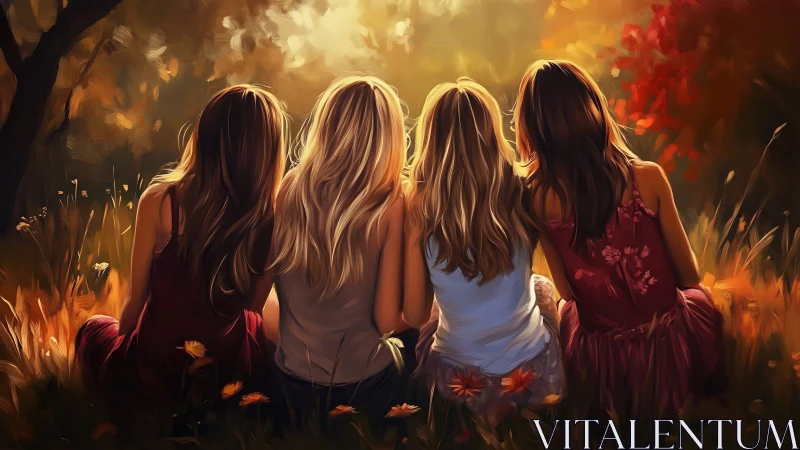 Four women sitting together in dreamy autumn meadow, oil painting style.