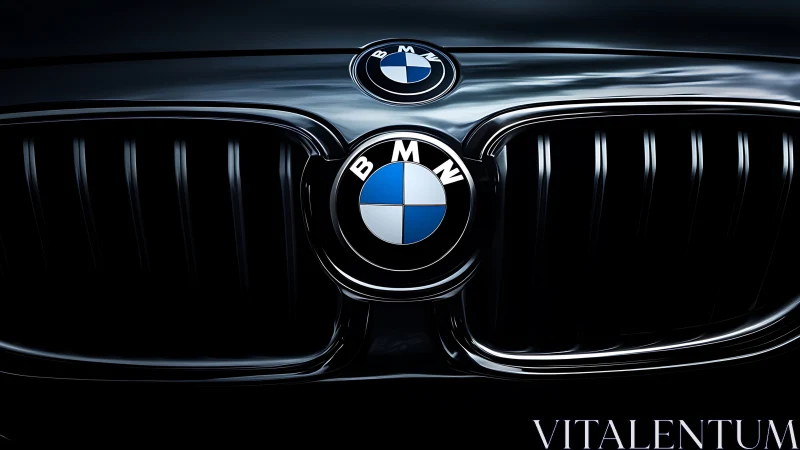 Midnight close-up of a sleek luxury car grille emblem.