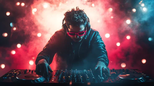 Neon night DJ mixing beats in a cloud of glowing color.