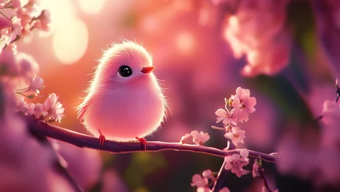 Pink Fluffy Bird Perched Among Blooming Cherry Blossoms