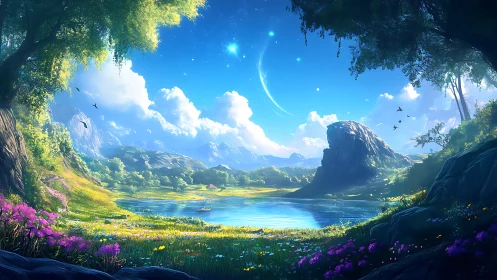 Luminous fantasy valley lake under crescent nebula sky