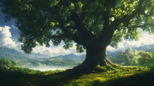 Large mature tree stands in foreground of detailed valley scene
