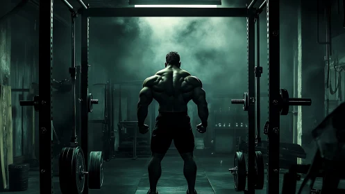 Cinematic low key gym scene with muscular athlete silhouette.