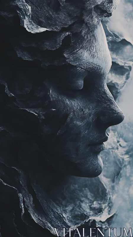 Stone-like human profile emerging from layered rock form.