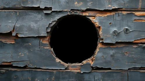 Circular void punctures distressed blue painted wooden siding