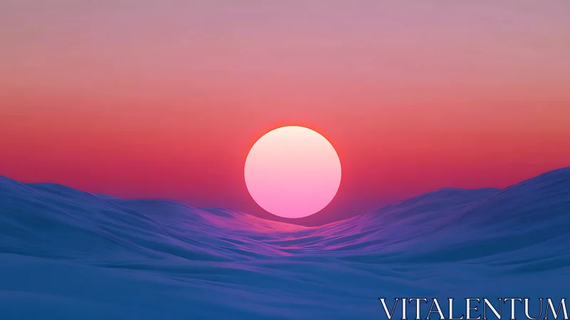 Neon sun sinks over softly lit digital waves at dusk.