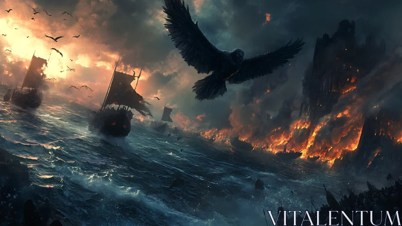 Burning coastal fortress under assault with warships advancing