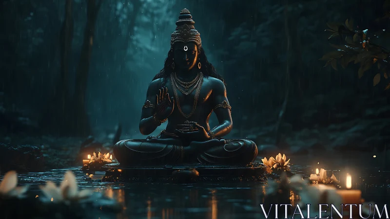 Rain-soaked forest deity glows in candlelit midnight stillness.