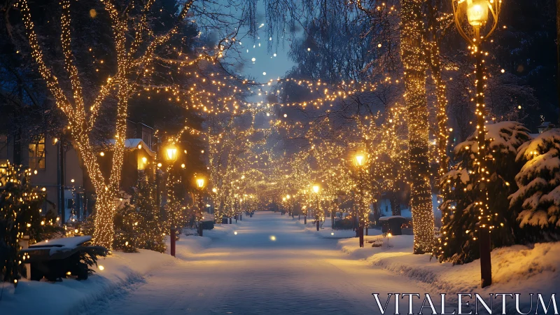 Snowy winter street glows softly under golden festive lights