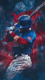 Digital painting of baseball hitter in bold red blue motion.