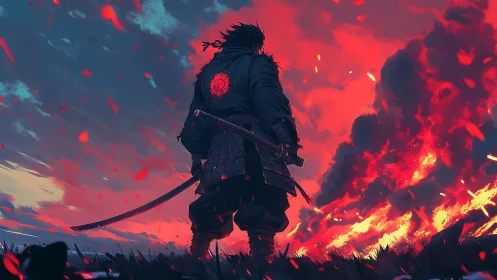 Backlit samurai silhouette against eruptive chromatic firestorm.
