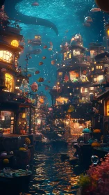 Lantern-lit underwater village where fish wander at dusk.