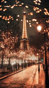 Eiffel Tower at night over wet Paris street and lights.