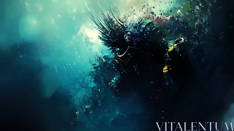 Stormlit armored warrior emerges through swirling blue mist