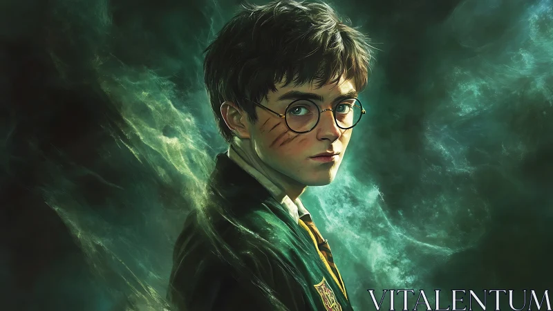 Youthful wizard portrait amid swirling emerald magical haze