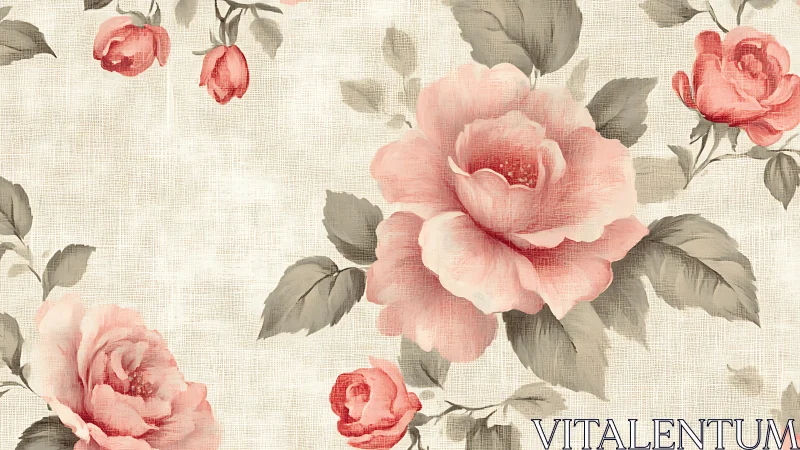 Vintage pink roses bloom over textured linen ground.