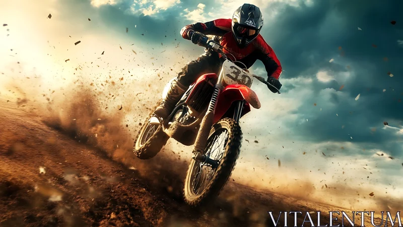 Motocross rider carves dirt track under stormy sky.