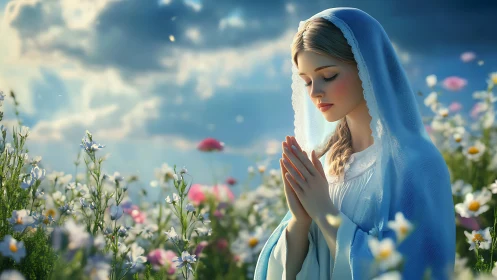 Serene young woman in blue veil praying in wildflower field.