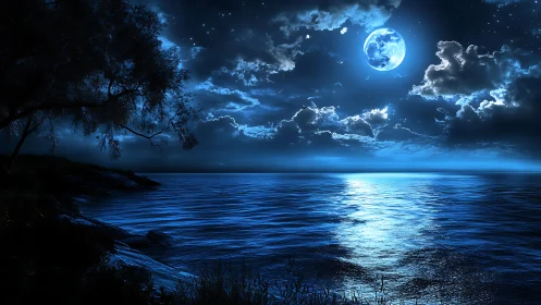 Full moon over calm sea with shoreline and cloud cover.