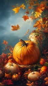 Autumn pumpkins rest under swirling leaves in painterly light