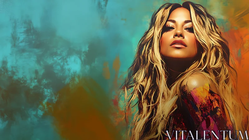 Woman with long hair stands before vivid abstract background