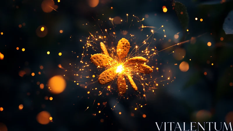 Glowing ember flower exploding with radiant golden sparks.