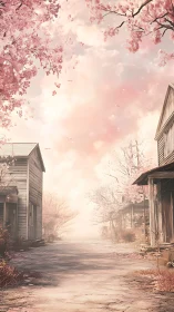 Deserted cherry blossom street dissolves into atmospheric haze