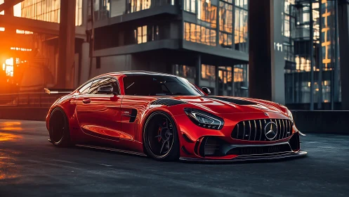 Red Mercedes sports coupe on urban rooftop at sunset.