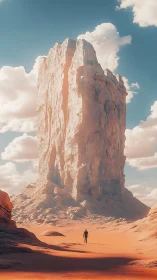 Solitary human walks toward massive desert rock monolith