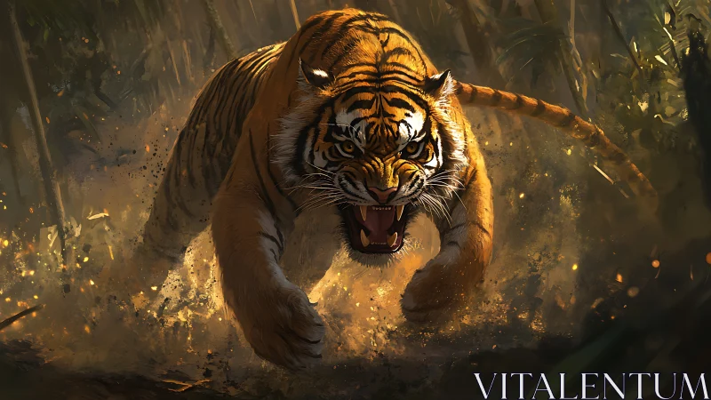 Charging tiger bursts through jungle dust in dramatic light