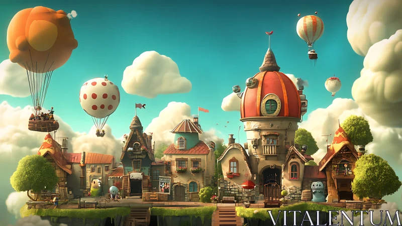 Floating village scene shows whimsical houses and airships