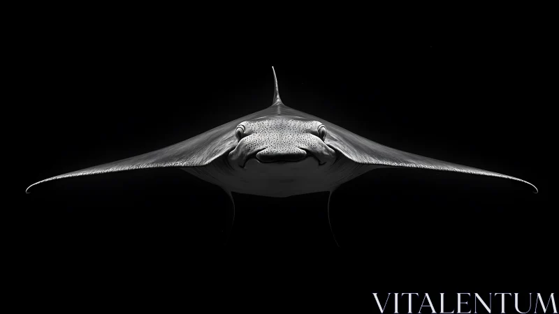 Black and white manta ray closeup against dark background.