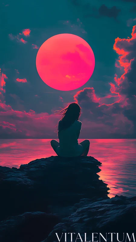 Moon-watcher drifts in neon tide beneath colossal orbit