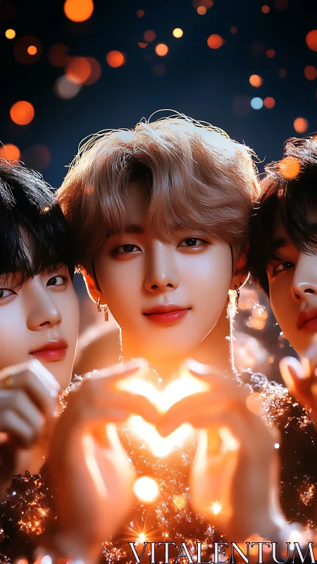 Triadic portrait with bokeh lighting and glowing hand heart shape