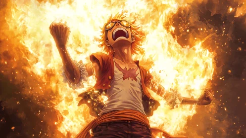 Flame-clad rebel screams triumph into a roaring inferno sky